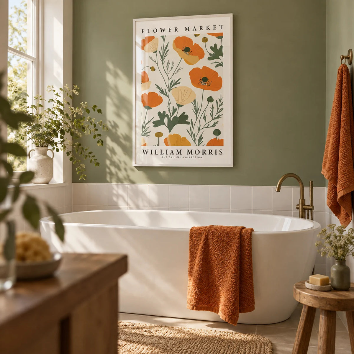 Wall Art Poppies, framed on the wall of a calm bathroom with a sage green painted wall and white plain tiles