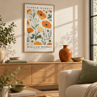 Wall Art Poppies, framed on the wall of a calm living room with a warm white wall