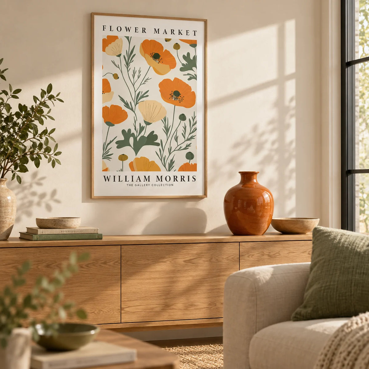 Wall Art Poppies, framed on the wall of a calm living room with a warm white wall