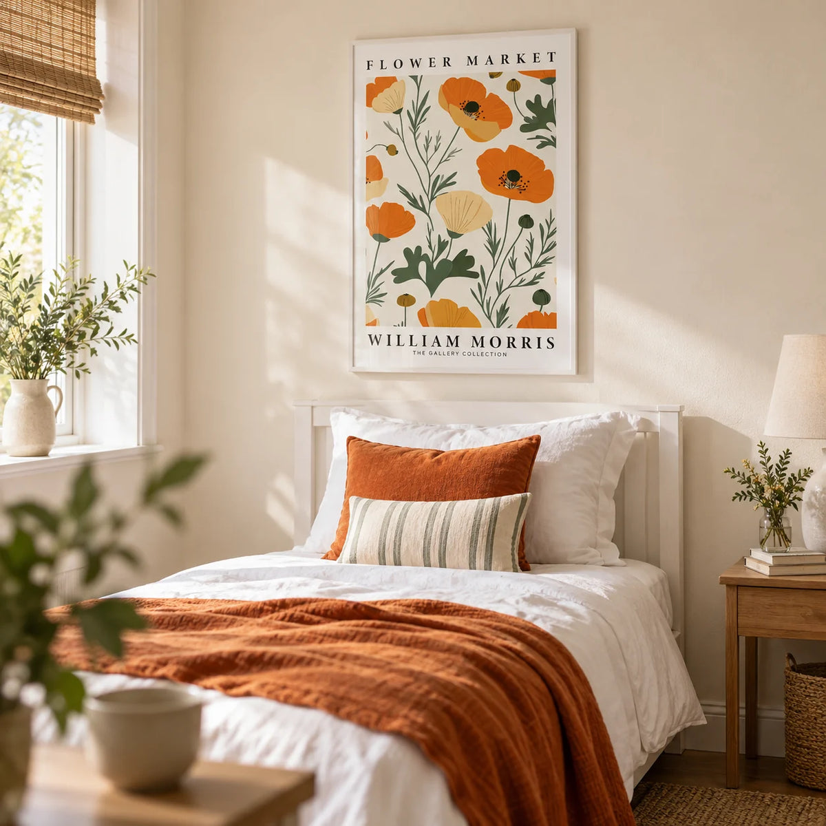 Wall Art Poppies, framed on the wall of a fresh single guest bedroom with a soft cream wall
