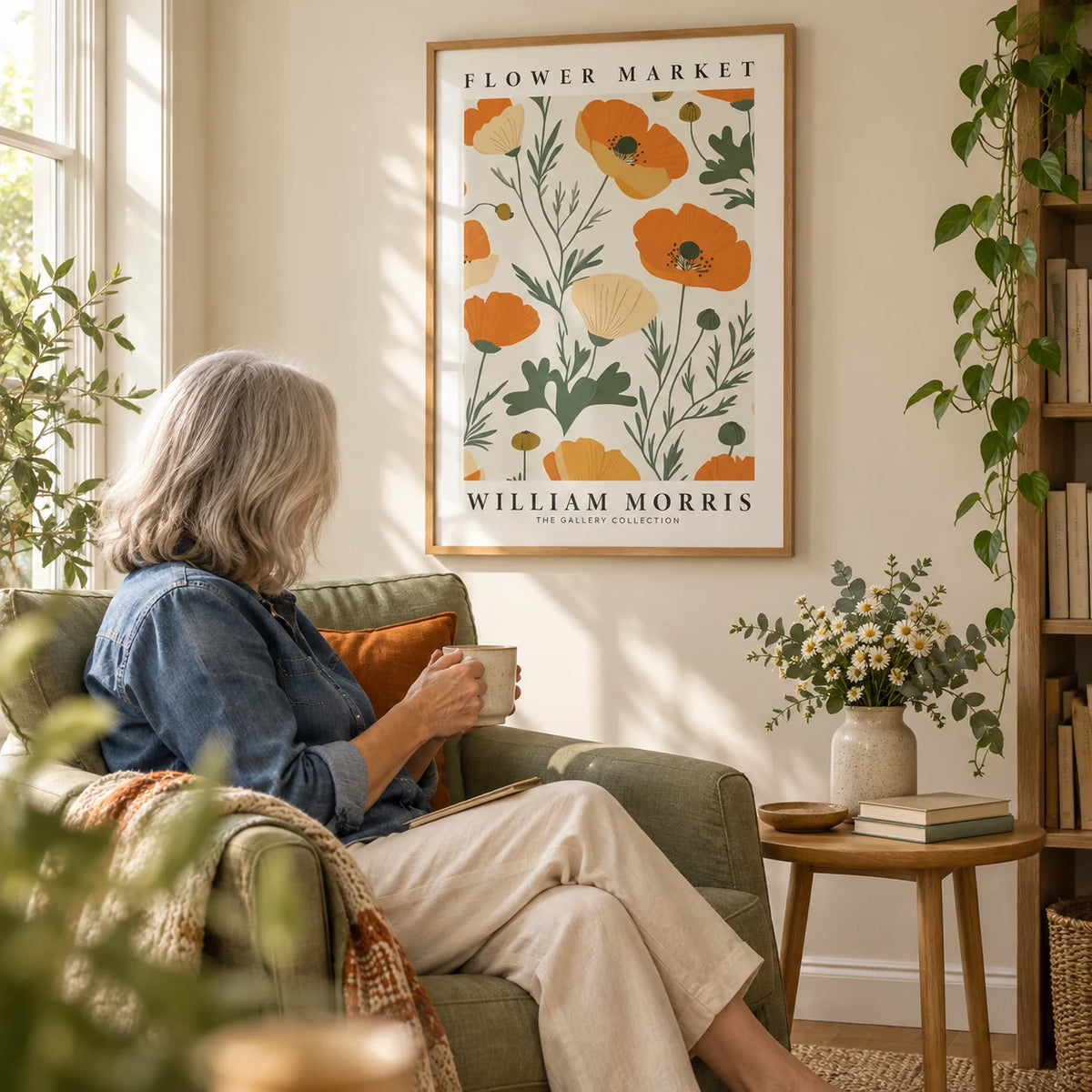 Wall Art Poppies, framed on the wall of a quiet reading corner with a warm white wall in a living room