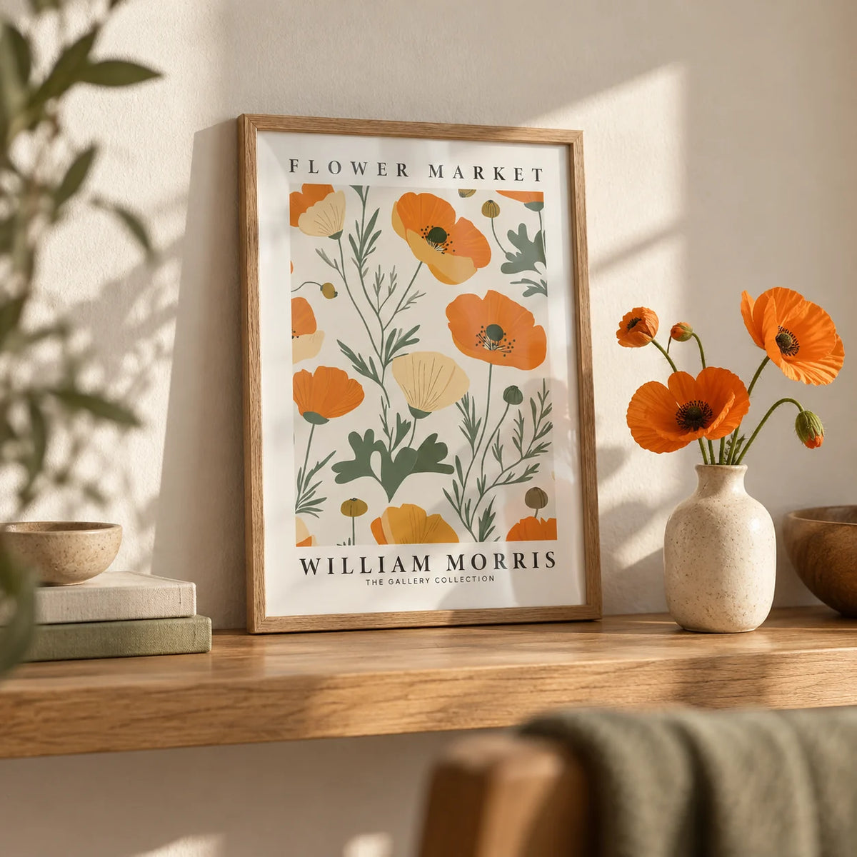 Wall Art Poppies, a small A4 framed print leaning on an oak shelf in a living room