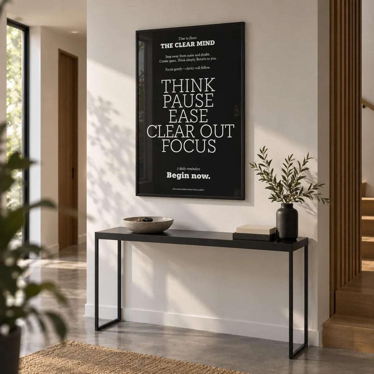 Wall Art Quotes for Home, framed on the wall of a crisp modern hallway