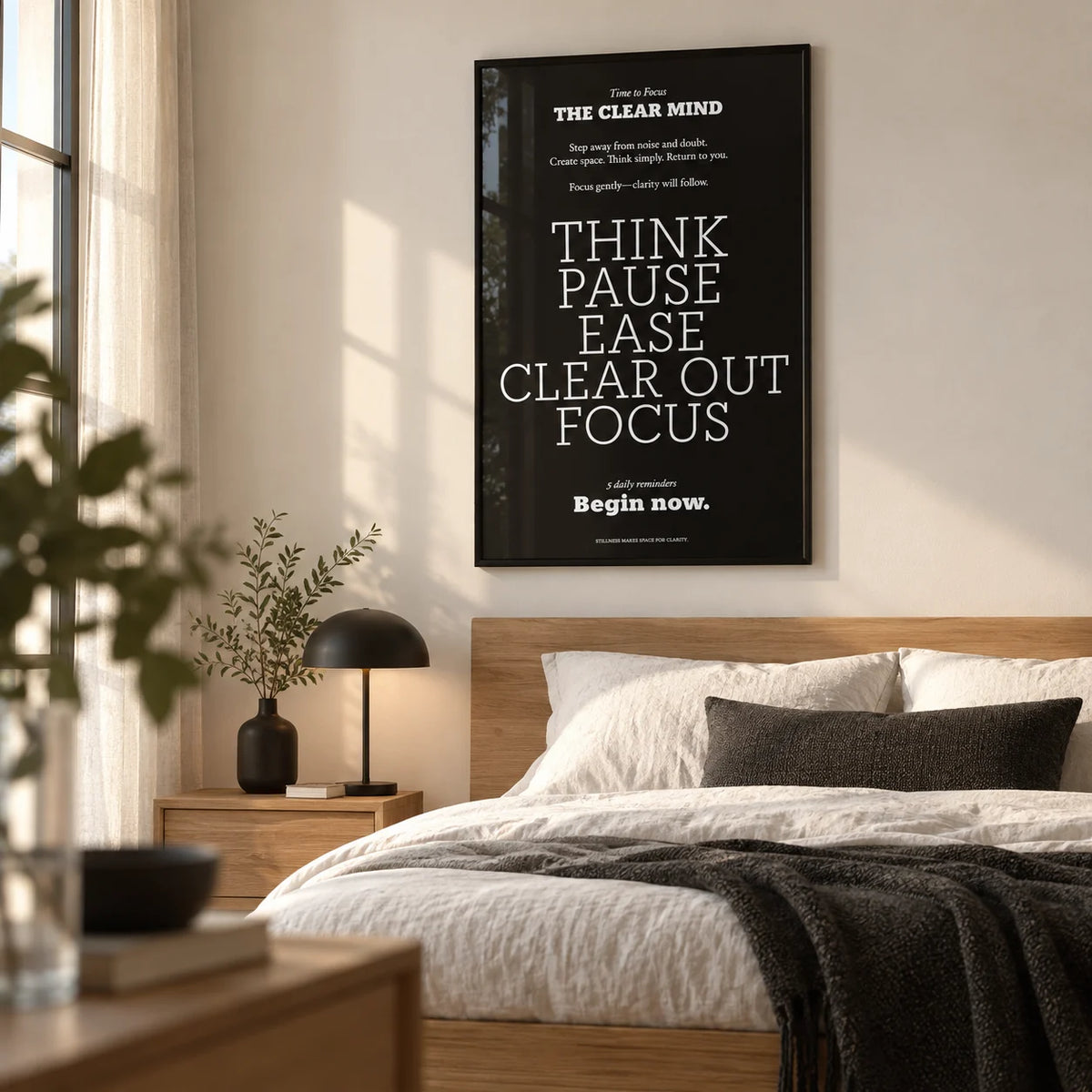 Wall Art Quotes for Home, framed on the wall of a minimal grown-up bedroom with a warm white wall