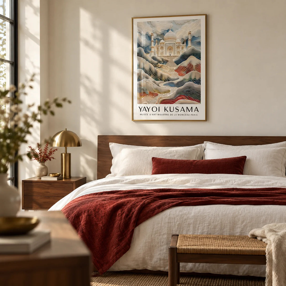 Wall Art Travel, framed on the wall of a calm bedroom with a soft cream wall