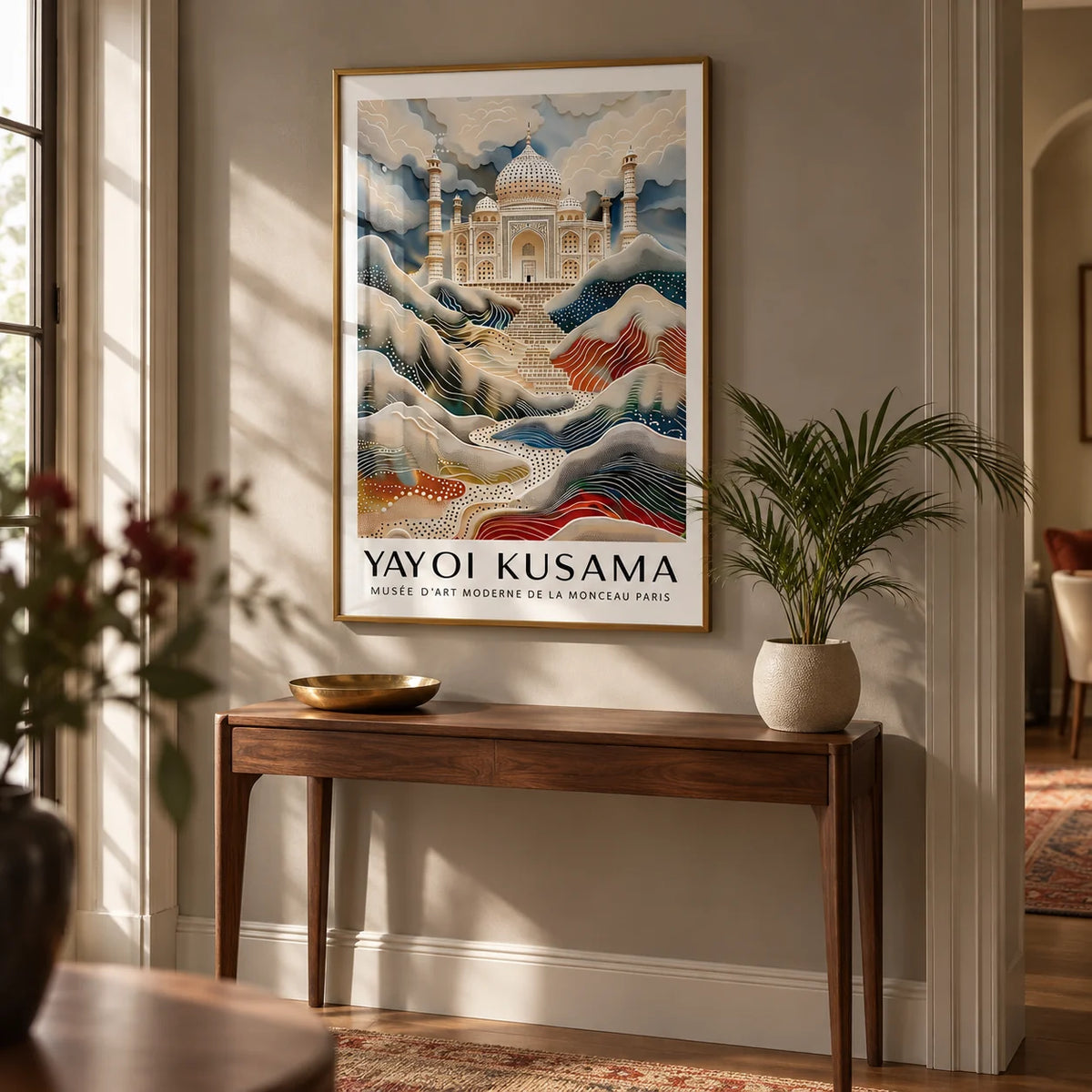 Wall Art Travel, framed on the wall of a characterful hallway with a warm grey wall