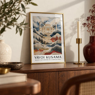 Wall Art Travel, a small A4 framed print leaning on a walnut sideboard in a living room