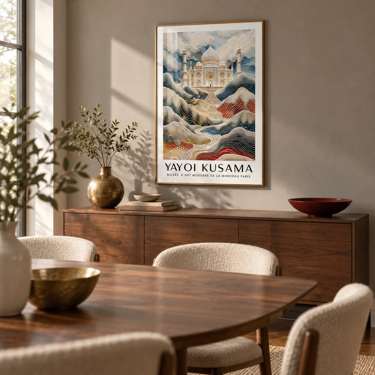 Wall Art Travel, framed on the wall of a warm dining room with a warm grey wall