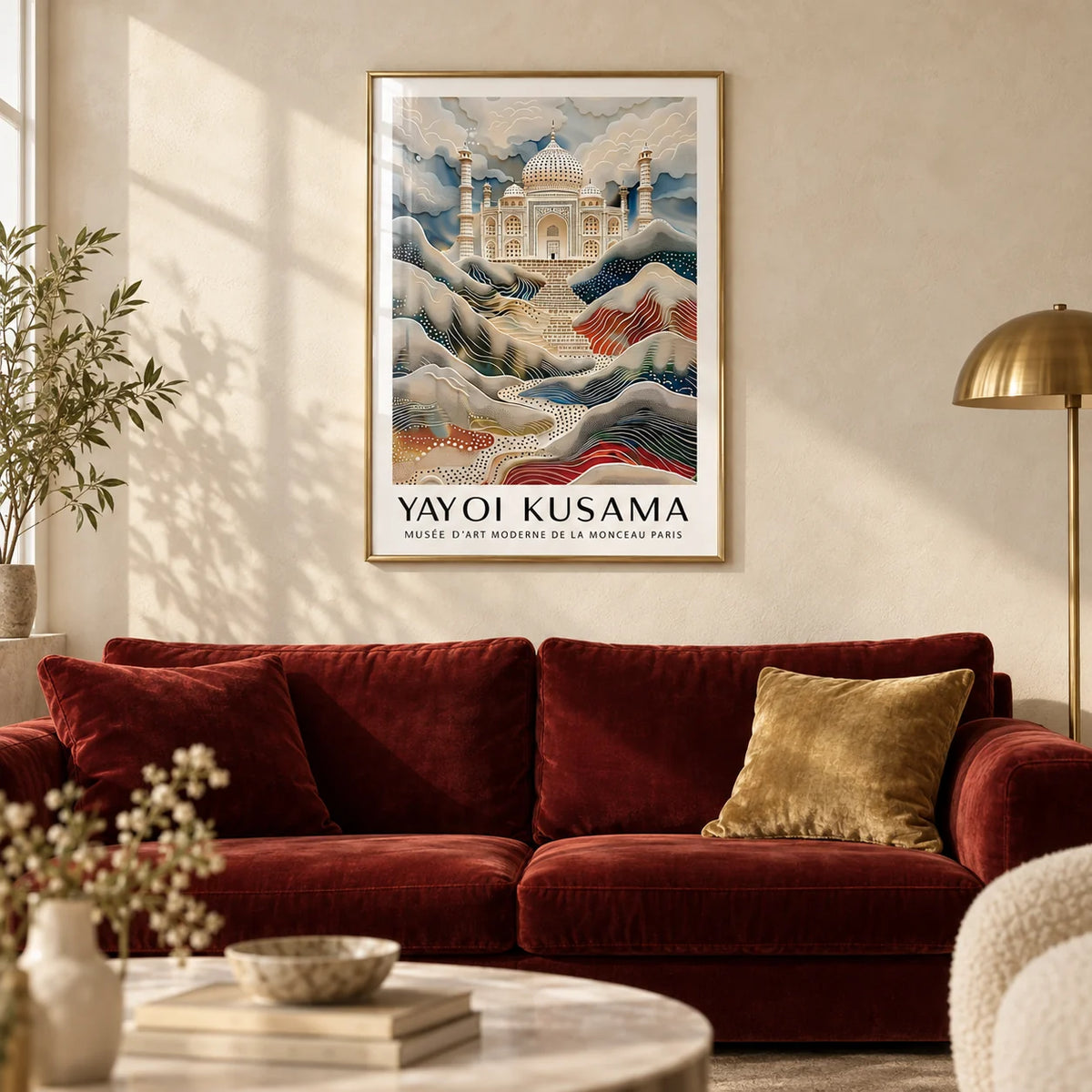 Wall Art Travel, framed on the wall of a warm living room with a soft cream limewashed wall