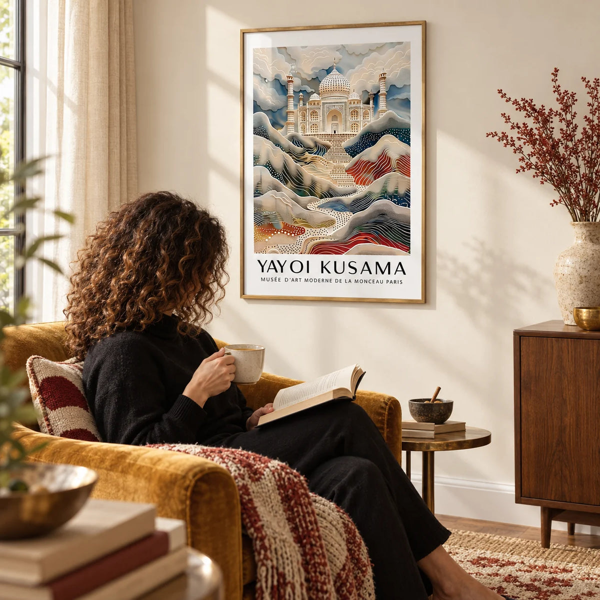 Wall Art Travel, framed on the wall of a warm reading corner with a cream wall in a living room