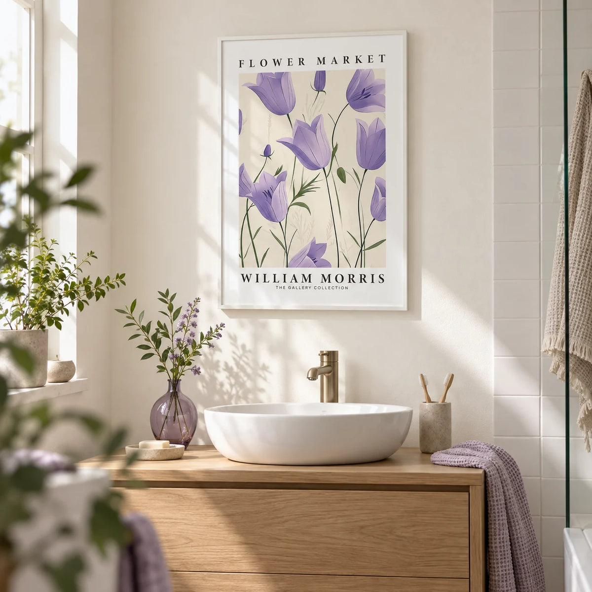 Wall Art Tulips, framed on the wall of a calm bathroom with a warm white wall and plain white tiles