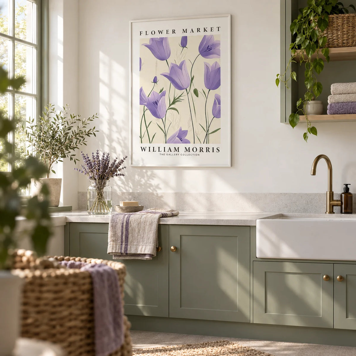 Wall Art Tulips, framed on the wall of a calm utility room with sage green cabinets and a white wall in a laundry room