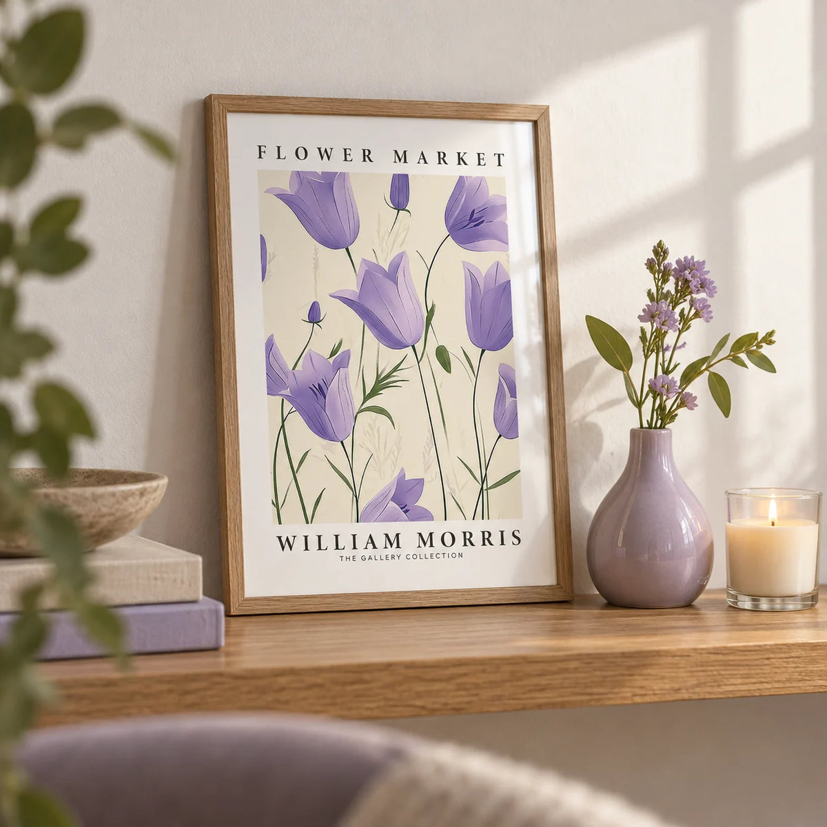 Wall Art Tulips, a small A4 framed print leaning on an oak shelf in a living room