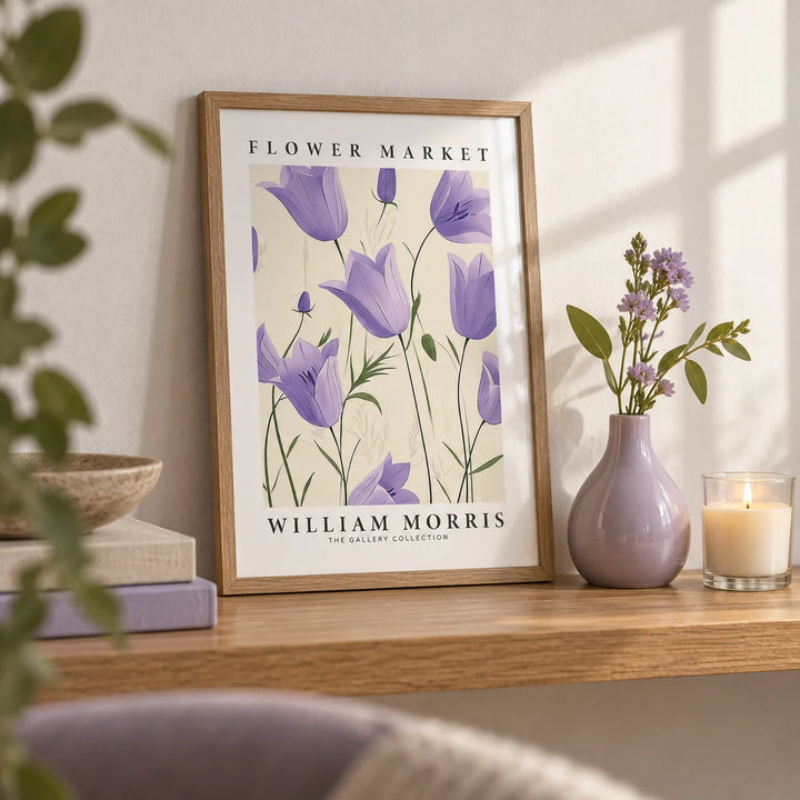 Wall Art Tulips, a small A4 framed print leaning on an oak shelf in a living room