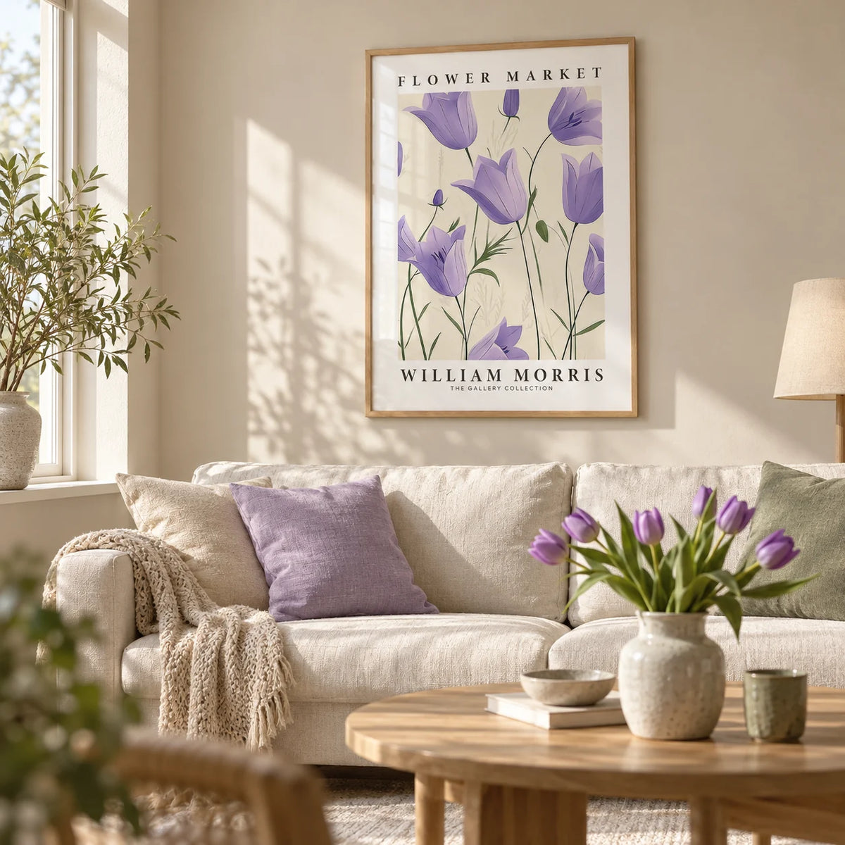 Wall Art Tulips, framed on the wall of a soft Scandi living room with a beige wall