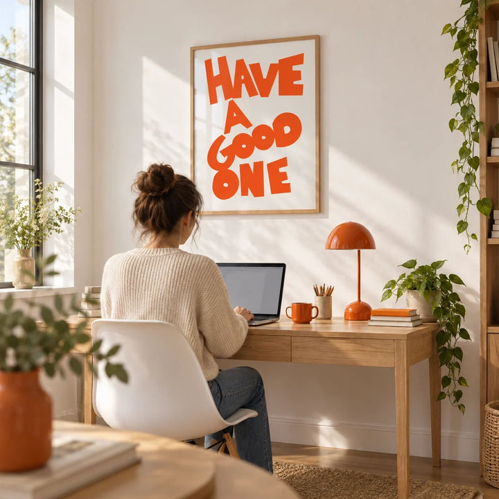 Wall Art Typography, framed on the wall of a bright home office with a white wall