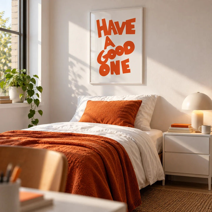 Wall Art Typography, framed on the wall of a fresh teenager's bedroom (14-17) with a white wall
