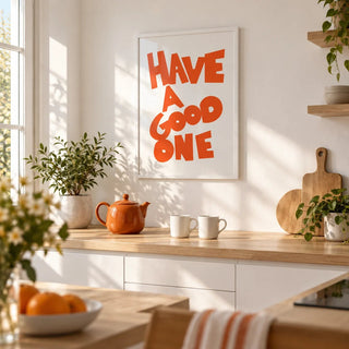 Wall Art Typography, framed on the wall of a modern white kitchen with a pale oak worktop