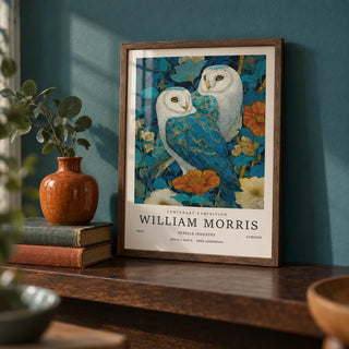 Wall Art Unique, a small A4 framed print leaning on a dark wood shelf in a living room