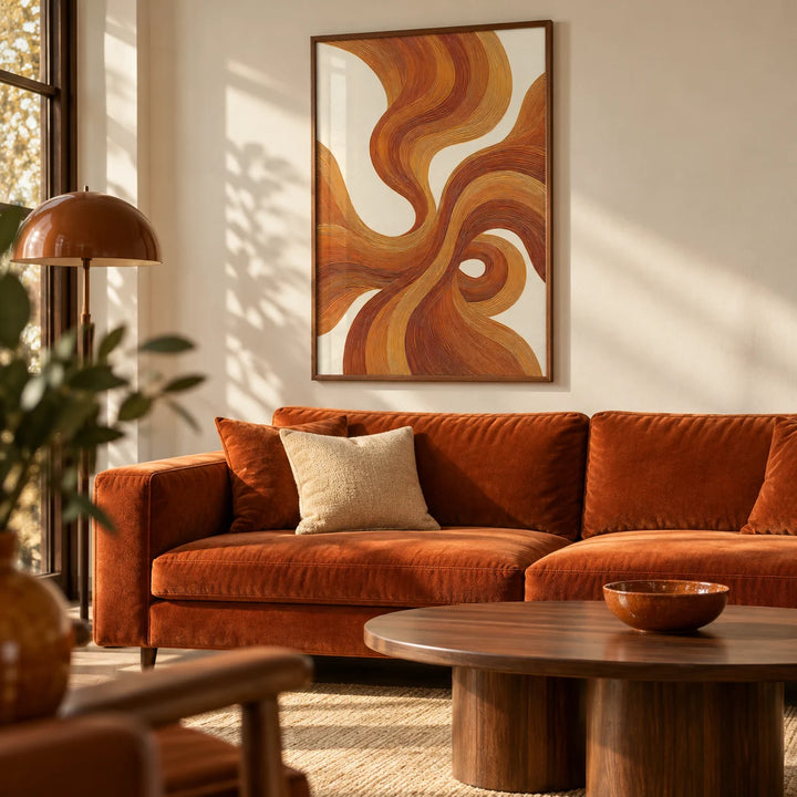 Wall Art with Burnt Orange, framed on the wall of a warm seventies-modern living room