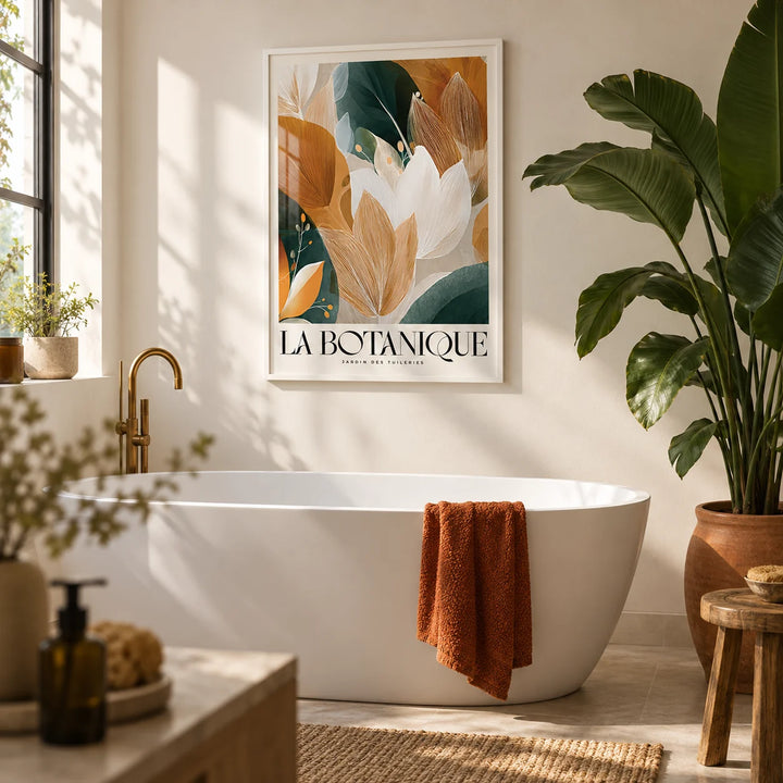 Wall Art with Leaves, framed on the wall of a calm bathroom with a warm white wall