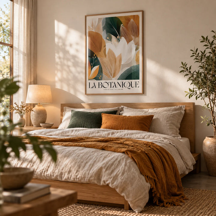 Wall Art with Leaves, framed on the wall of an earthy bedroom