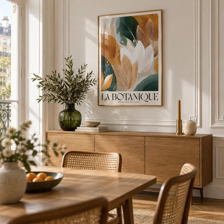 Wall Art with Leaves, framed on the wall of a Parisian-style dining room with white panelled walls