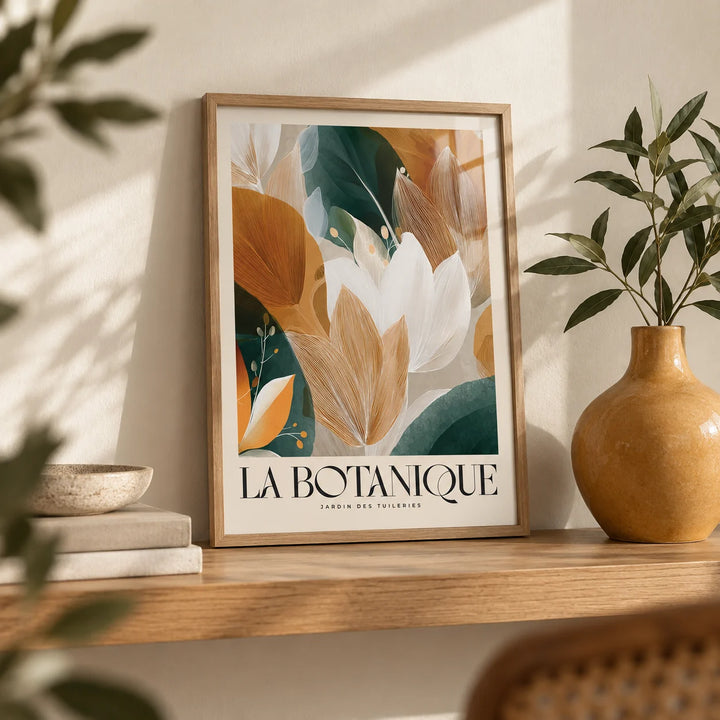 Wall Art with Leaves, a small A4 framed print leaning on an oak shelf in a living room