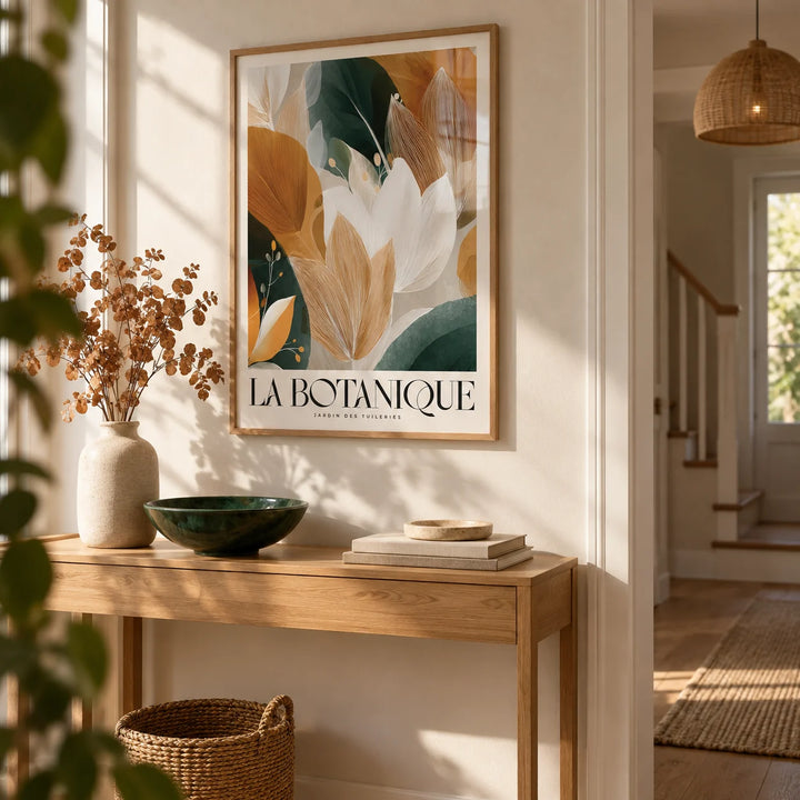 Wall Art with Leaves, framed on the wall of a warm hallway