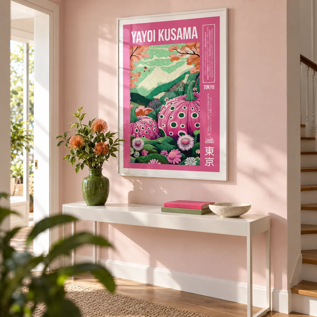Wall Art with Pink, framed on the wall of a bright hallway with a pale pink painted wall