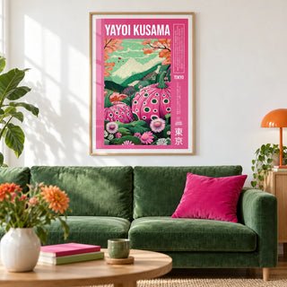 Wall Art with Pink, framed on the wall of a bright modern living room with a white wall