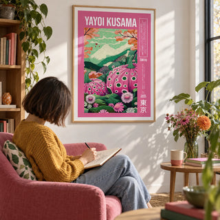 Wall Art with Pink, framed on the wall of a cheerful reading corner with a white wall in a living room