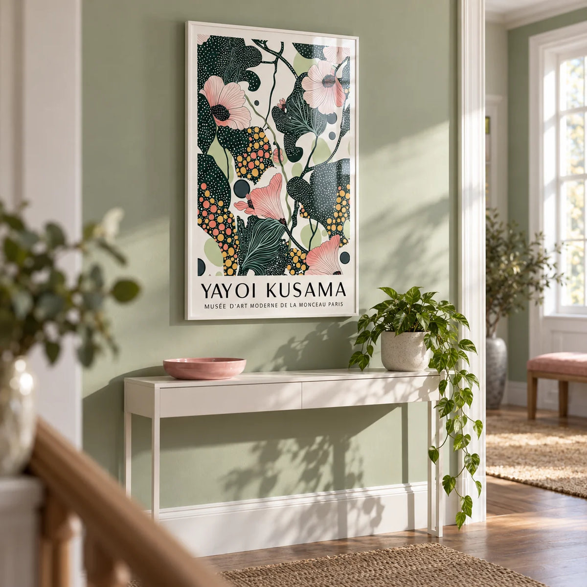 Wall Art with Pink Flowers, framed on the wall of a bright hallway with a sage green painted wall