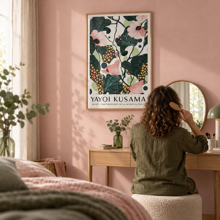 Wall Art with Pink Flowers, framed on the wall of a calm dressing corner in a bedroom with a soft pink wall