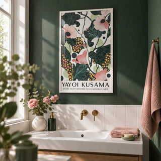 Wall Art with Pink Flowers, framed on the wall of a fresh bathroom with a deep forest green painted wall and plain white tiles