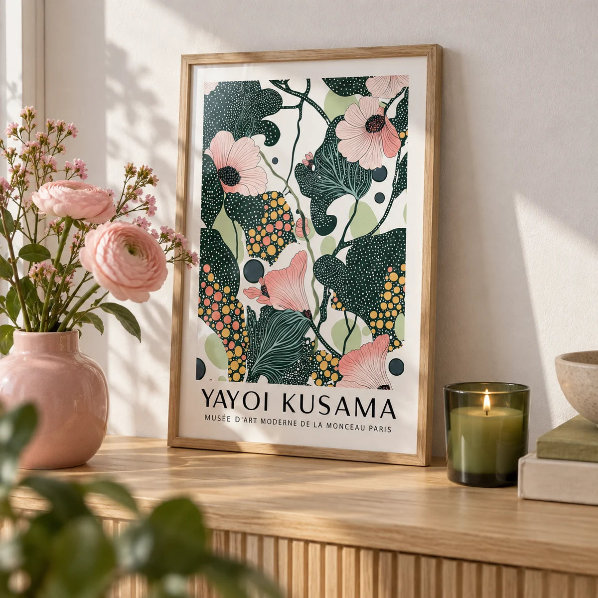 Wall Art with Pink Flowers, a small A4 framed print leaning on a pale oak shelf in a living room