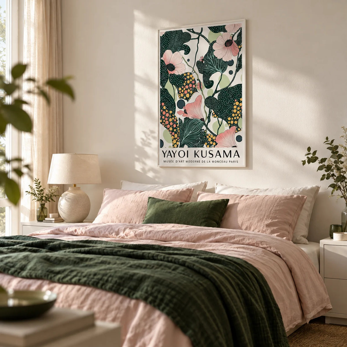 Wall Art with Pink Flowers, framed on the wall of a soft grown-up bedroom with a warm white wall