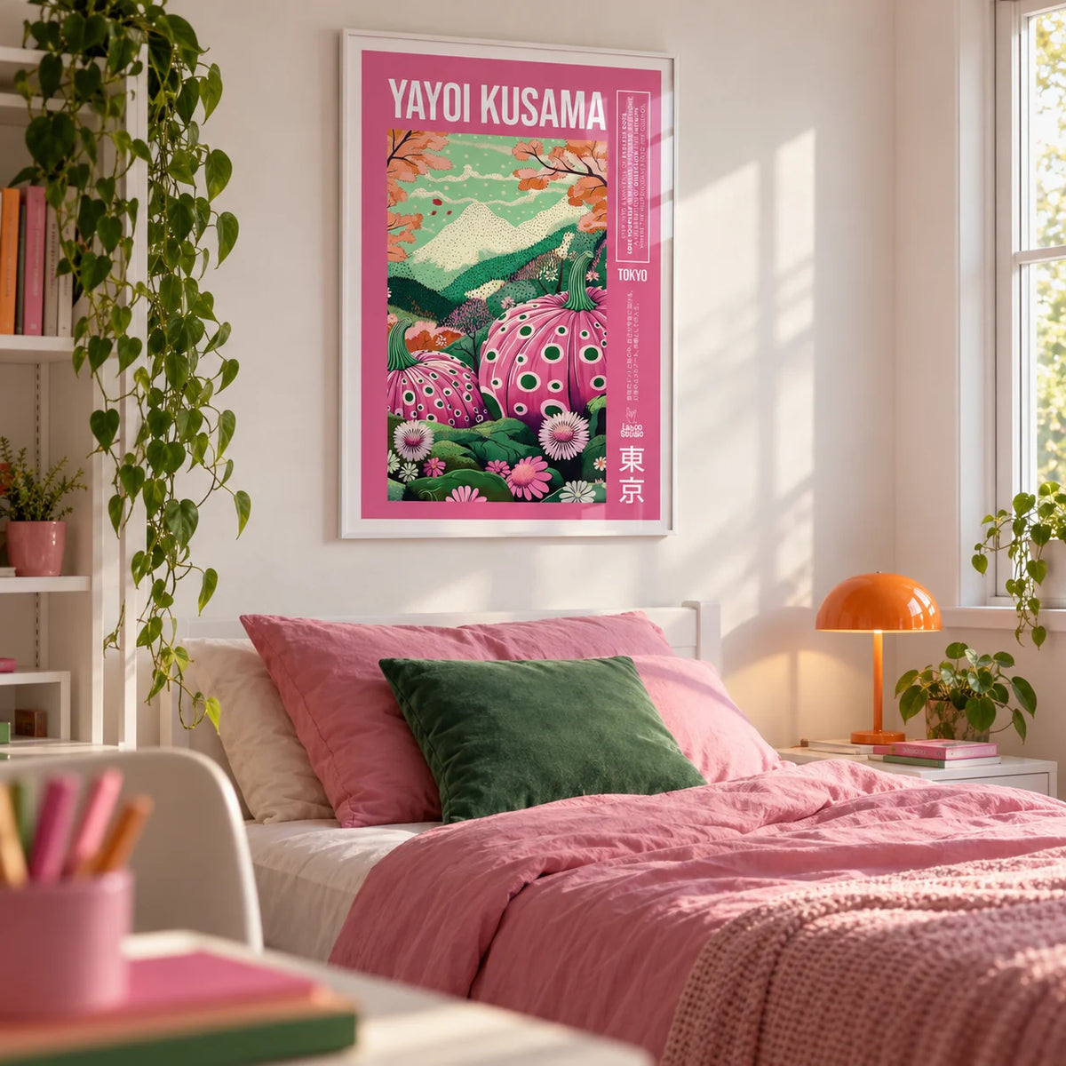 Wall Art with Pink, framed on the wall of a fun teen girl's bedroom (13-17) with a soft white wall
