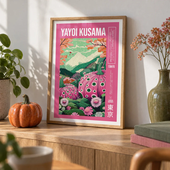 Wall Art with Pink, a small A4 framed print leaning on an oak shelf in a living room