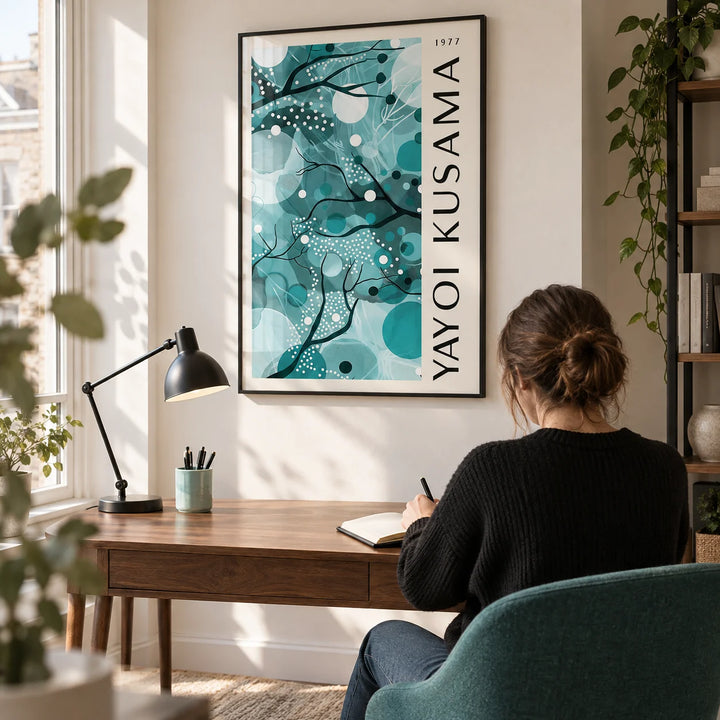 Wall Art with Teal Colors, framed on the wall of a bright home study in a contemporary UK flat with a warm white wall