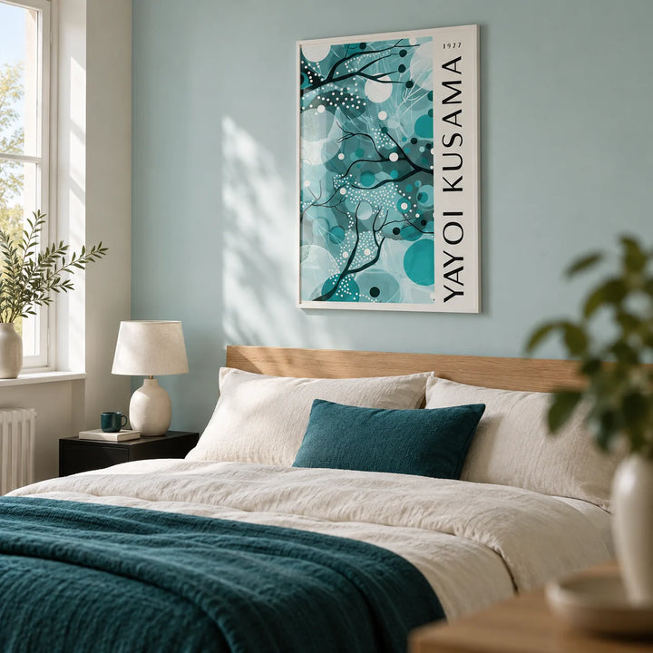 Wall Art with Teal Colors, framed on the wall of a contemporary bedroom in a UK townhouse with a pale aqua wall
