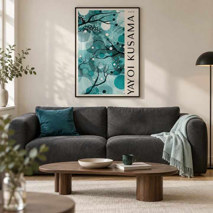 Wall Art with Teal Colors, framed on the wall of a contemporary living room in a UK city flat with an ivory wall and oak floor