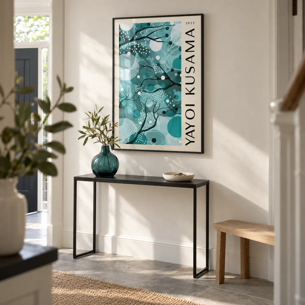 Wall Art with Teal Colors, framed on the wall of a crisp entrance hallway in a renovated UK terrace with an ivory wall and pale grey stone floor