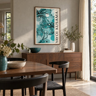 Wall Art with Teal Colors, framed on the wall of a modern dining room in a Victorian terrace extension with a pale grey plaster wall