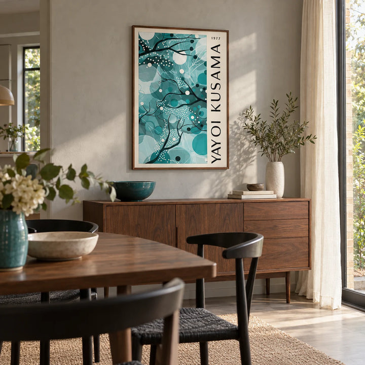 Wall Art with Teal Colors, framed on the wall of a modern dining room in a Victorian terrace extension with a pale grey plaster wall