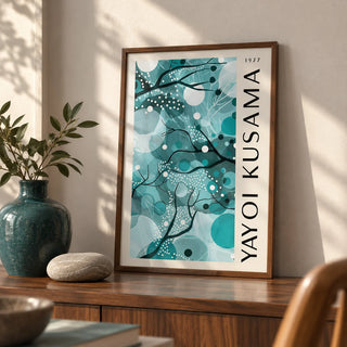Wall Art with Teal Colors, a small A4 framed print leaning on a walnut shelf in a living room