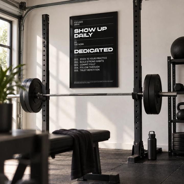 Wall Art Work, framed on the wall of a well-kept home gym in a garage conversion with a white wall