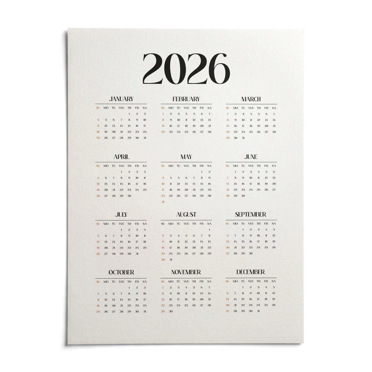 Minimalist Wall Calendar, shown as an unframed paper print on a plain white background