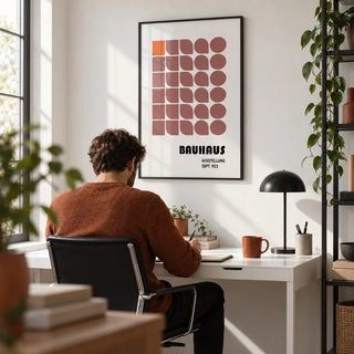 Wall Hanging Geometric, framed on the wall of a crisp modern home office with a white wall