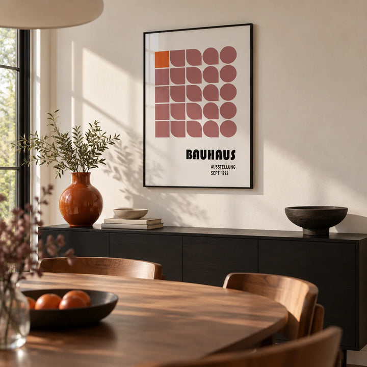 Wall Hanging Geometric, framed on the wall of a modern dining room with a warm white wall